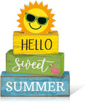 4 Pcs Summer Wooden Tabletop Decor Hello Sweet Summer Tiered Tray Decor Sunshine Centerpiece Rustic Summertime Decorative Block Signs Gift Farmhouse Table Decoration for Home Kitchen