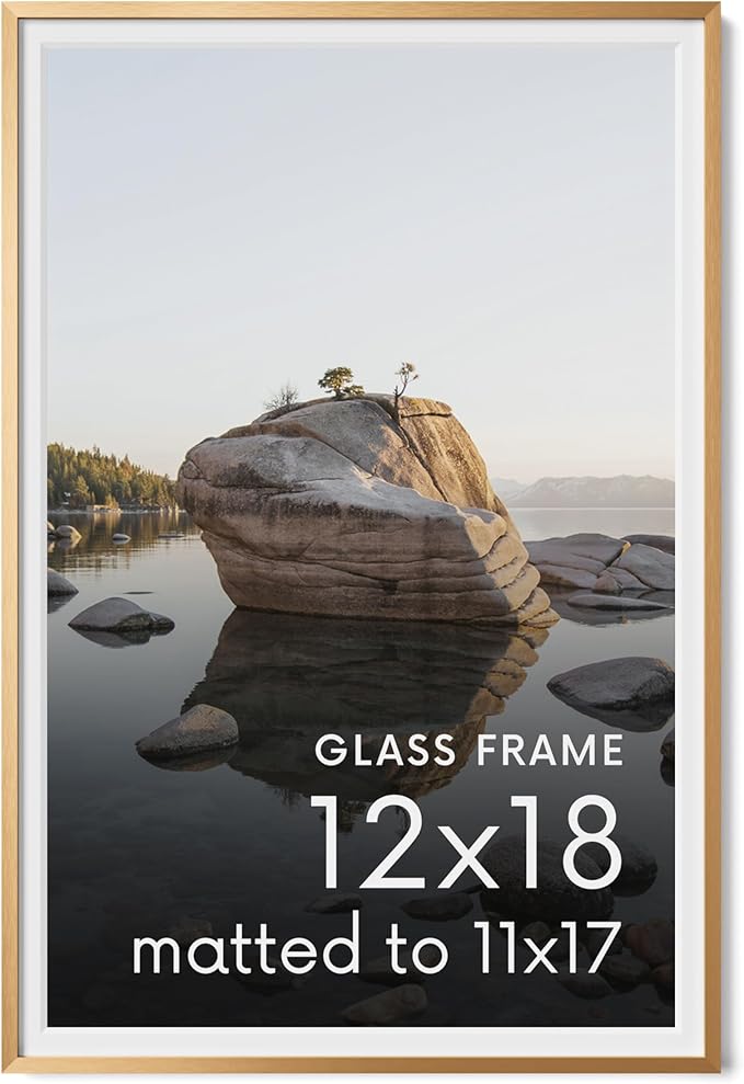 HAUS AND HUES 12x18 Picture Frame with Real Glass & Brass Premium-Grade Metal Matted to 11x17 - Aluminum 12x18 Poster Frame - Includes Hanging Kit - Ideal for Home, Office (12x18 in, Brass)