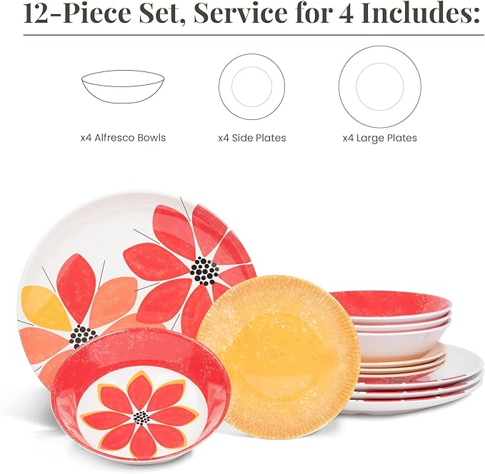 Larder & Vine 12-Piece Melamine Dinnerware Set: Durable, Lightweight, Break-Resistant Plates & Bowls – Stylish, Non-Toxic, Dishwasher Safe – Ideal for Everyday Use, Indoor & Outdoor Dining – Floral