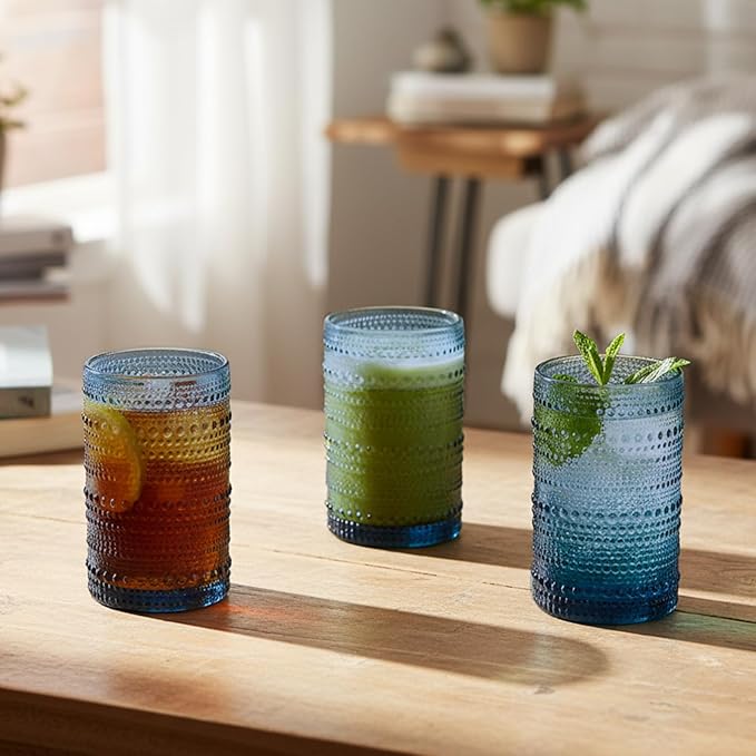 Moretoes Vintage Hobnail Drinking Glasses Set of 6,12 Oz Highball Glasses Clear Embossed Boho Water Glass Cups Kitchen Bar Tumbler Glassware Set for Whiskey, Beer, Juice, Milk (Blue)