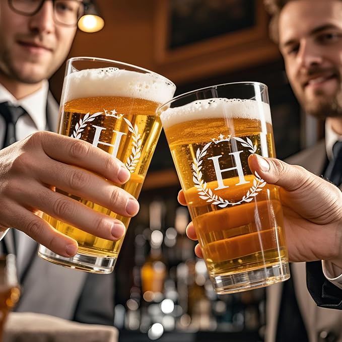 Personalized Beer Glasses Gifts for Men, 16 oz Pint Glasses Monogrammed A-Z Drinking Glass Cups Customized Gift, Unique Christmas Anniversary Birthday Gifts for Men Him Dad Brother Husband Grandpa (H)
