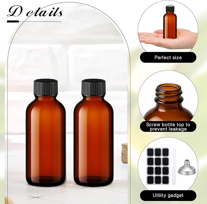 Hsei 100 Pcs 1.7 oz Amber Glass Boston Round Bottles with Black Cap Brown Sample Bottle Small Glass Containers with Lids and Funnel Chalk Labels Pen for Vanilla Extract Essential Oils