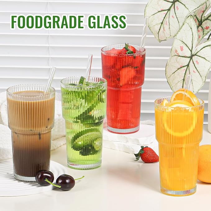 20 oz Glass Cup and Straw, Glass Tumbler with Straw, Vintage Glassware for Whiskey Cocktail Beer, Iced Coffee Cups (1 PACK)