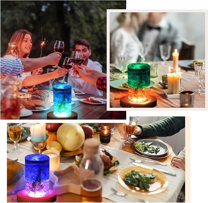 2 Pcs Light LED Base Wood LED Display Base for Glass Art Valentine Decor Crystal Acrylic Resin, 16 Colored USB Light with Remote Wooden Round Lamp Stand for 3D Crystal Ball Room Home Decor(Walnut)