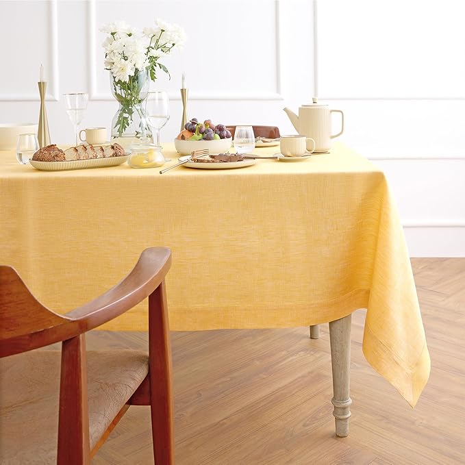 Solino Home Linen Tablecloth 60 x 90 Inch - 100% Pure Linen Chambray Mustard Yellow Table Cloth for Rectangular Tables - Athena, Machine Washable Cloth Tablecloth for Spring, Easter