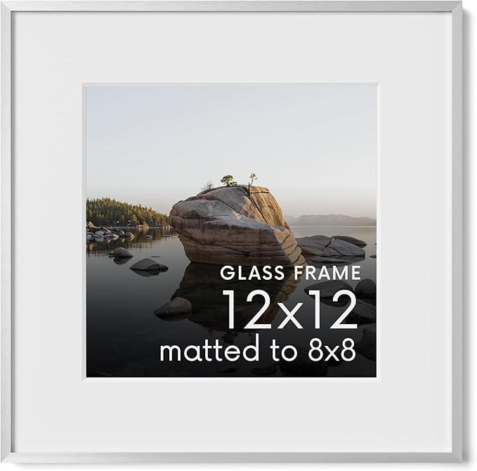 HAUS AND HUES 12x12 Picture Frame with Real Glass & Silver Premium-Grade Metal Matted to 8x8 - Aluminum 12x12 Frame - Includes Hanging Kit - Ideal for Home, Office (12x12 in, Silver)