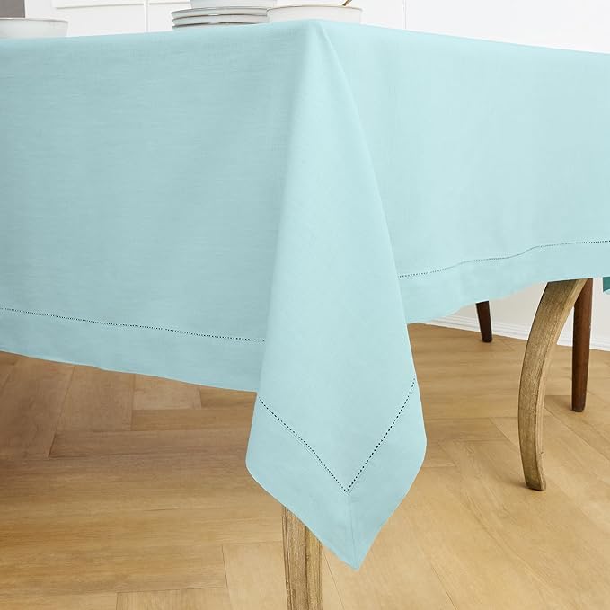 Solino Home Linen Tablecloth for Rectangle Tables 60 x 120 Inch - Classic Hemstitch 100% Pure Linen Aqua Blue Table Cloth - Machine Washable Cloth Tablecloth for Spring, Easter