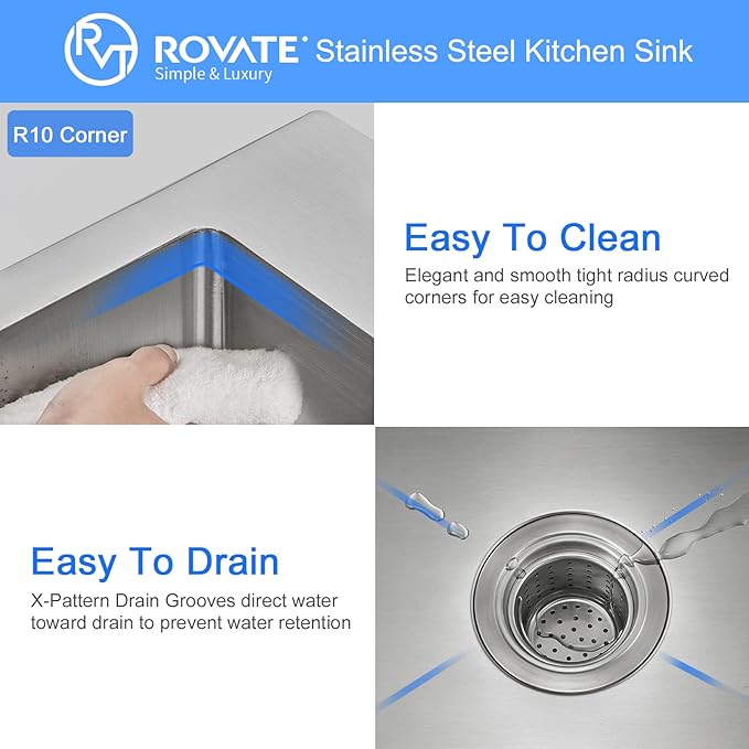 ROVATE 22 x 18 inch Drop-in Kitchen Sink Single Bowl, Small Topmount Kitchen Sink, Handmade 304 Stainless Steel Overmount Sinks with Strainer