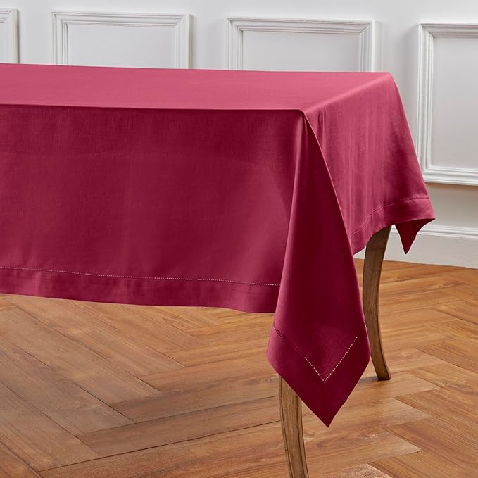 Solino Home Beet Linen Tablecloth 60 x 90 Inch - 100% Pure Linen Hemstitch Table Cloth for Rectangle Tables - Classic Hemstitch, Machine Washable Tablecloth for Valentines, Winter, Easter