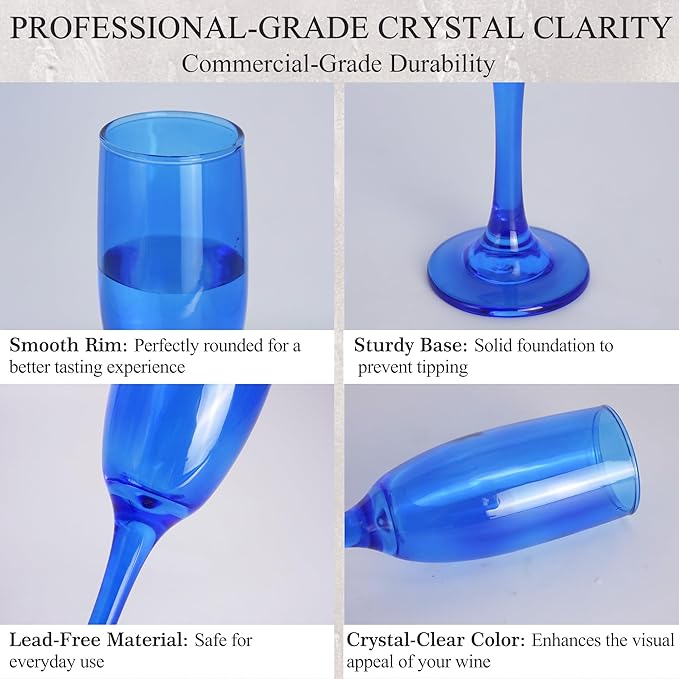 Champagne Flutes Glasses Set of 6-6oz Elegant Blue Glass, Unique Blue Colored Long Stem Champagne Flute Gift for Wedding, Anniversaries, Parties, Birthday, Restaurant, Home Bar