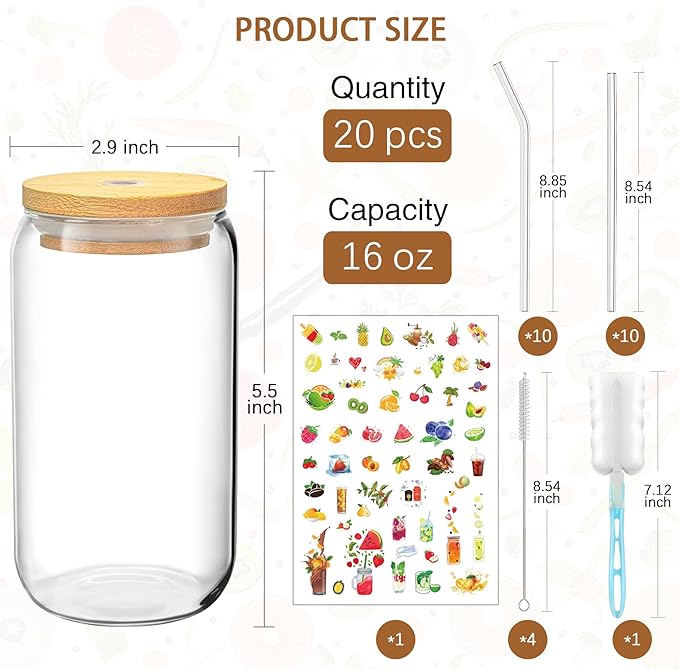 16 OZ Glass Cups with Lids and Straws, 20 Set Can Beer Glass Cups with Bamboo Lids Cute and Reusable Drinking Glasses with Lid Ice Coffee Glasses Great for Beer, Cocktail, Tea and Latte