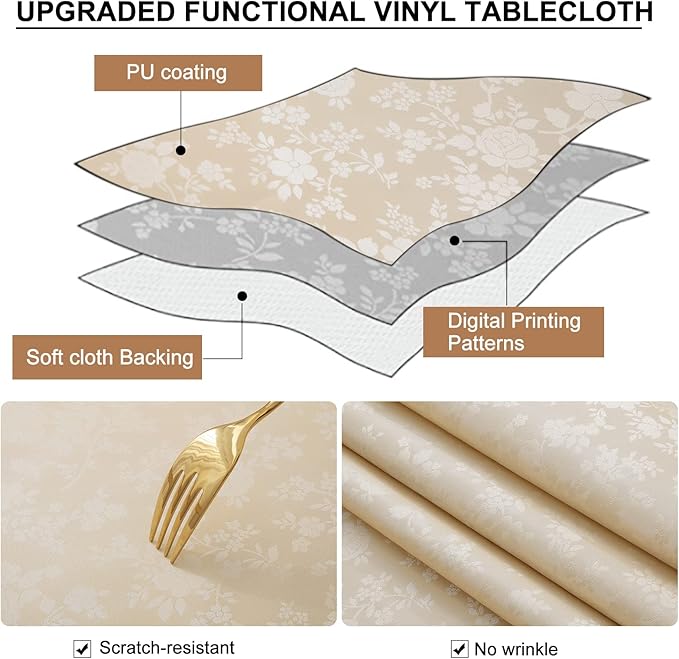 Smiry Rectangle Table Cloth, Waterproof Heavy Duty Vinyl Tablecloths, Wipeable Washable Table Cover for Kitchen and Dining Room (Beige, 54" X 120")
