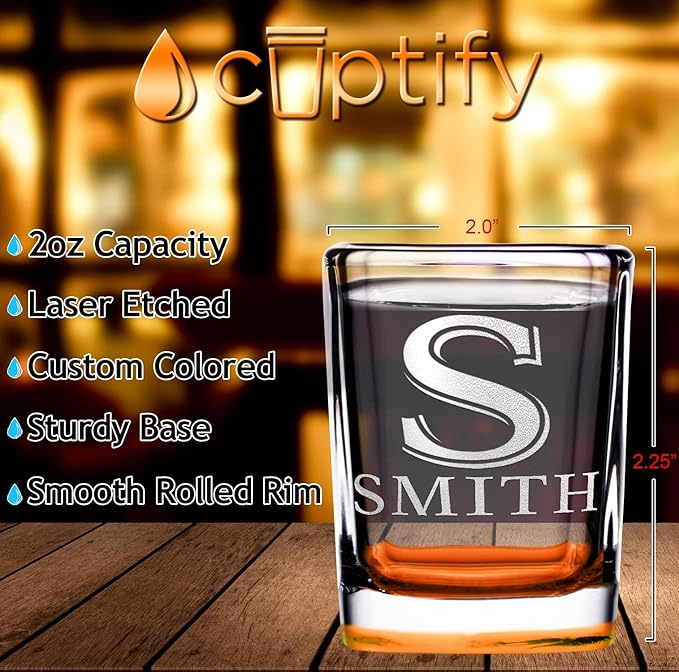 Personalized Square Shot Glasses Orange Bottom 2oz Engraved Initial and Name Custom Gifts, Weddings, Birthdays, Party, Event, Decorations