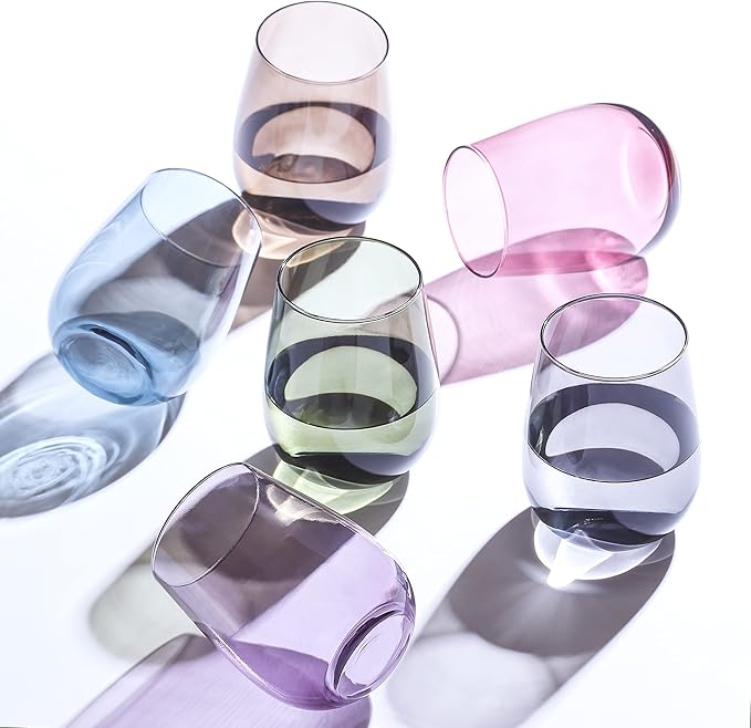 LAV Multicolor Stemless Wine Glasses Set of 6 - Drinking Cups 16 oz - Multicolor Glass Wine Tumblers - Colorful Glass Cups for Families - Drinking Glasses for Water, Juice, Beverages