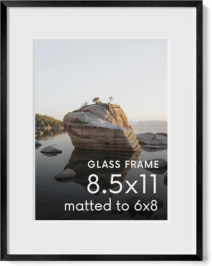 HAUS AND HUES 8.5x11 Picture Frame with Real Glass & Black Premium-Grade Metal Matted to 6x8 - Aluminum 8.5 by 11 picture frame - Includes Hanging Kit - Ideal for Home, Office (8.5x11 in, Black)