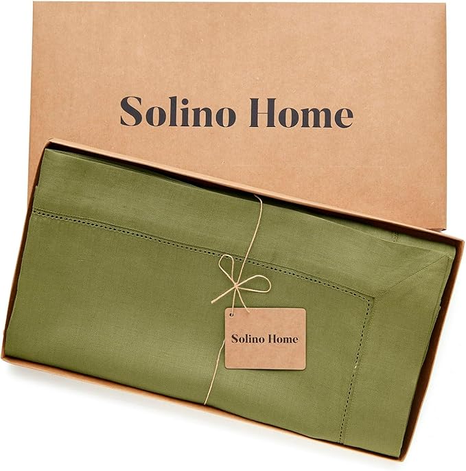 Solino Home Linen Avocado Green Tablecloth 60 x 108 Inch - Classic Hemstitch, 100% Pure Linen Rectangular Tablecloth - Machine Washable Table Cloth for Winter, Spring, Easter, St Patricks Day