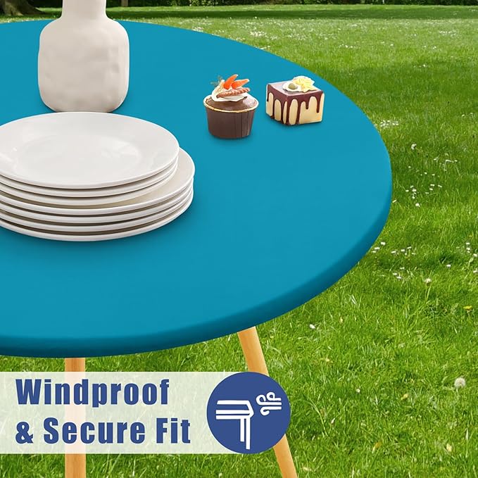 Round Spandex Tablecloth, Elastic Fitted Waterproof Tablecloths for 18"-24" Tables, Stretch Washable Picnic Table Cover for Camping, Dining, Indoor and Outdoor, Turquoise