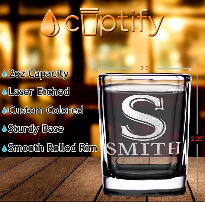 Personalized Square Shot Glasses Set of 12 Black Bottom 2oz Engraved Initial and Name Custom Gifts, Weddings, Birthdays, Party, Event, Decorations