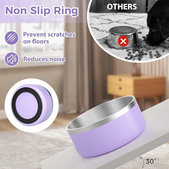 Stainless Steel Dog Bowls, Metal Dog Bowls, Water Bowl for Dogs, Dog Food Bowls, Pet Bowls for Dogs, Dog Dish for Large Dogs, Insulated Dog Bowl, Non Slip Dog Bowl,Easy Clean,64oz,LightPurple