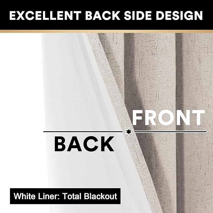 PrinceDeco Primitive Textured Linen 100% Blackout Curtains for Bedroom/Living Room Energy Saving Window Treatment Curtain Drapes, Burlap Fabric with White Thermal Insulated Liner (52 x 96in, Natural)