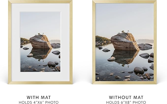 HAUS AND HUES 6x8 Picture Frame with Real Glass & Gold Premium-Grade Metal Matted to 4x6 - Aluminum 6x8 Picture Frame - Includes Easel Back, Hanging Kit - Ideal for Home, Office (6x8 in, Gold)