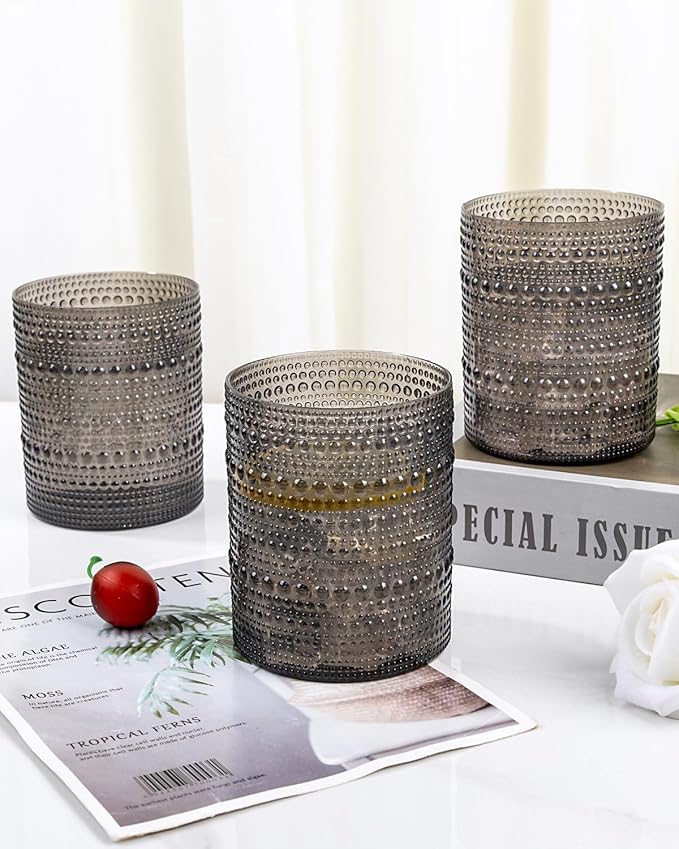 YOUBET 24PCS Plastic Drinking Glasses - 14OZ Black Hobnail Drinkware Glasses - Vintage Glassware Textured Beaded Cups for Water, Beer, Whiskey, Juice and Various Mixed Drinks for Party