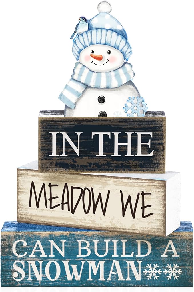 4 Pcs Winter Table Decoration Blue Snowman Decor Winter Tiered Tray Decor Christmas Centerpiece Decorative Wooden Snowman Block Sign Decoration for Home Kitchen