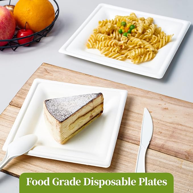 ECOLipak 150 Pieces Compostable Square Paper Plates, 10 inch Disposable Plates Square, Eco-friendly Biodegradable Sugarcane Bagasse Plates for Party Dinner Birthday