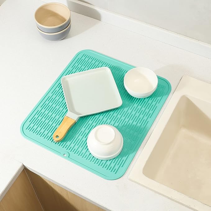 Silicone Dish Drying Mat for Multiple Usage,Easy clean,Eco-friendly,Heat-resistant Silicone Mat for Kitchen Counter or Sink,Refrigerator or Drawer Liner Mint 2XL 24 inches x 18 inches