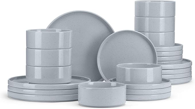 E-far Dinnerware Sets for 8, 24-Piece Stoneware Plates and Bowls Dish Set, Modern Kitchen Dinning Dishware, Chip and Scratch Resistant, Microwave & Dishwasher Safe, Speckled Gray