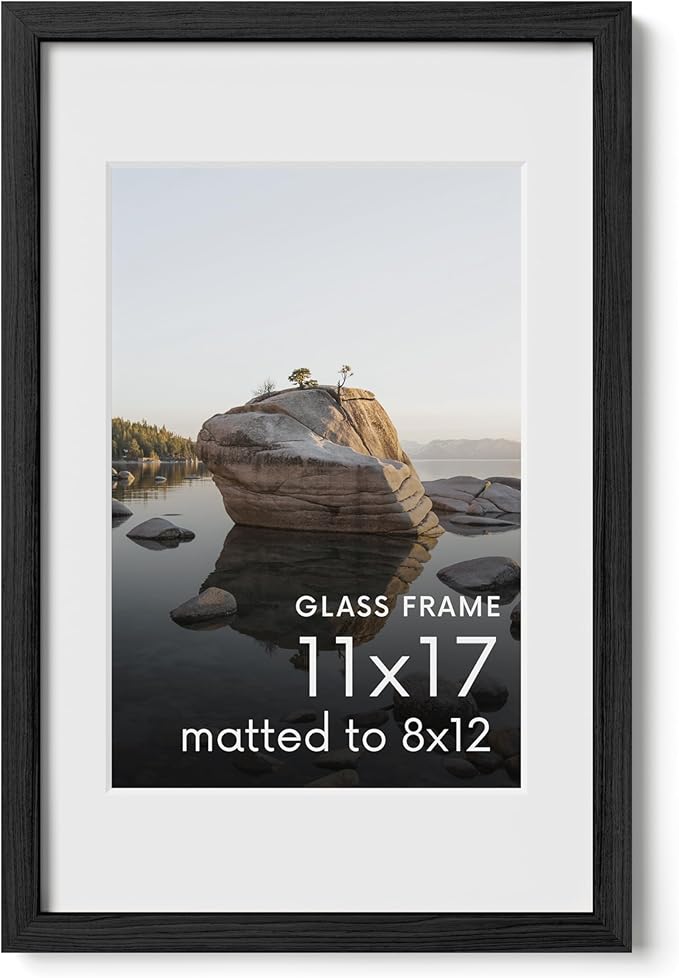 Haus and Hues 11x17 Picture Frame with Real Glass and Black American Oak Matted to 8x12 - Oak Glass Picture Frame - Includes Vertical & Horizontal Hang - Ideal for Home, Room, Office (11x17 in, Black)