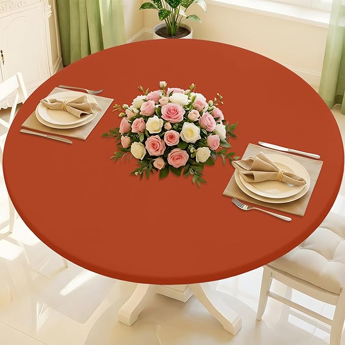 Round Spandex Tablecloth, Elastic Fitted Waterproof Tablecloths for 18"-24" Tables, Stretch Washable Picnic Table Cover for Camping, Dining, Indoor and Outdoor, Rust