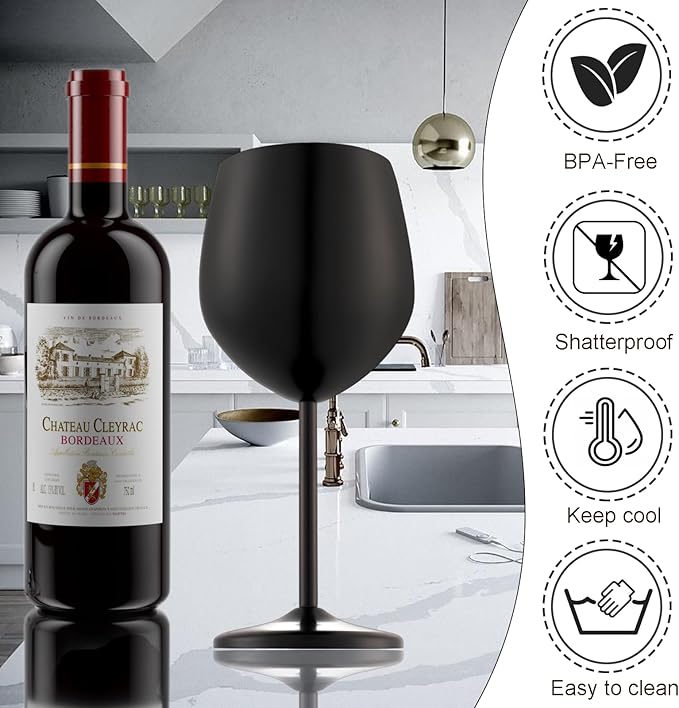 Stainless Steel Wine Glasses Set of 4 Unbreakable Wine Glass 18 oz Unique Metal Wine Goblets for Outdoor, Travel, Camping, Pool, Ideal Gift for Wine Lovers (Matte-Black)