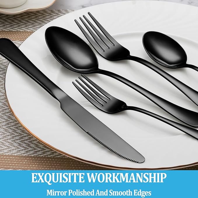 50 Pcs Black Silverware Set, Stainless Steel Flatware Set Service for 10, Mirror Polished Cutlery Utensil Sets, Durable Home Kitchen Eating Tableware Sets, Include Fork Knife Spoon, Dishwasher Safe