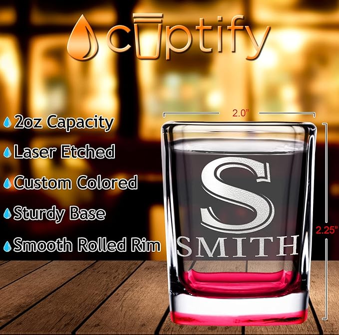 Personalized Square Shot Glasses Set of 8 Red Bottom 2oz Engraved Initial and Name Custom Gifts, Weddings, Birthdays, Party, Event, Decorations