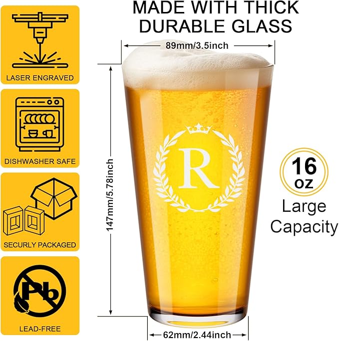 Personalized Beer Glasses Gifts for Men, 16 oz Pint Glasses Monogrammed A-Z Drinking Glass Cups Customized Gift, Unique Christmas Anniversary Birthday Gifts for Men Him Dad Brother Husband Grandpa (R)