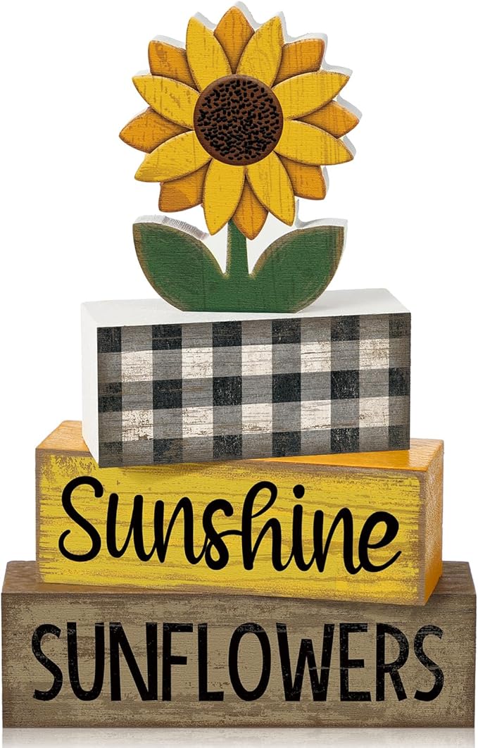 4 Pcs Sunflower Decorations Sunflower Wooden Sign Sunshine Table Centerpiece Summer Tiered Tray Decor Decorative Faux Book Stack Block for Coffee Table Fireplace Mantel Floating Shelf