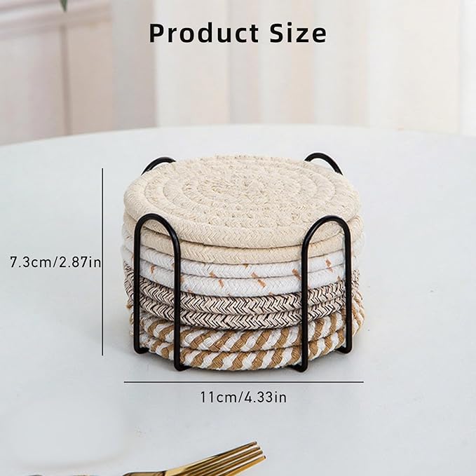 8 Pcs Drink Coasters with Holder, Handwoven Cotton Coasters Set Stackable Absorbent Minimalist Home Decor for Table, Cup, Mug (Green)