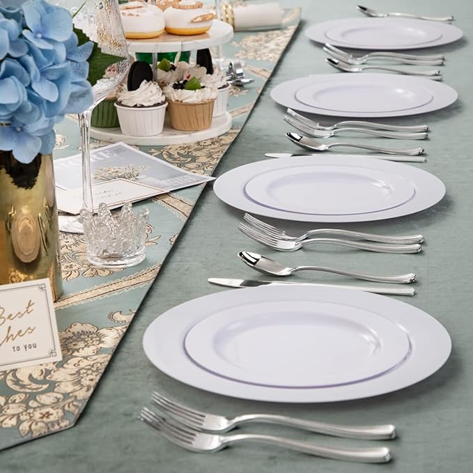FLOWERCAT 100PCS White Plastic Plates-Heavy Duty White Disposable Plates for Christmas/Easter/Party/Wedding -Serve 50 guests 10.25inch & 7.5inch