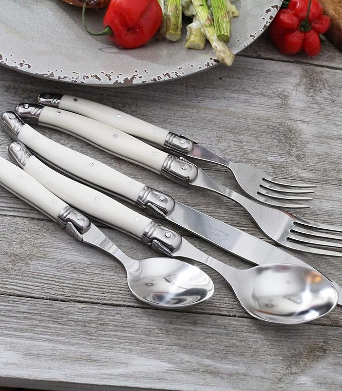 French Home Laguiole 20 Piece Flatware Set – Stainless Steel Flatware Set for 4 – Luxurious Ivory-Colored Utensil Set with Knives, Spoons and Forks