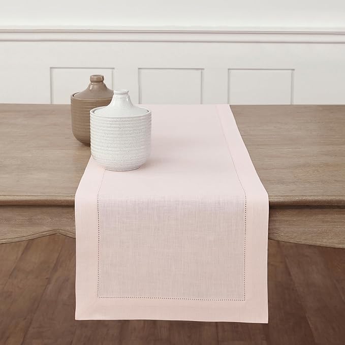 Solino Home Linen Pink Table Runner 60 Inches - Classic Hemstitch, 100% Pure Linen Coffee Table Runner 14 x 60 Inch Ideal for Dresser Tables - Valentines, Spring, Easter