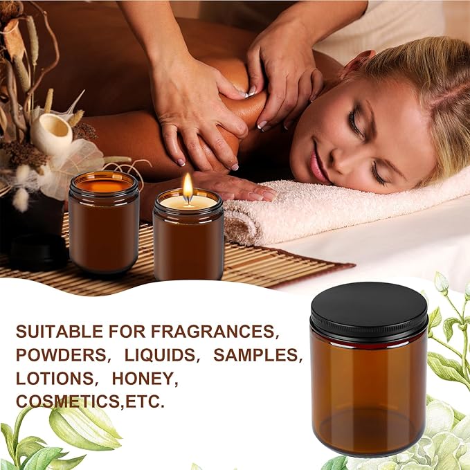 Goiio 24 Pack Amber Glass Jars, 8 Oz Thick Amber Round Glass Jars, with Black Metal Lids, for Spice, Liquid, Sample, Leakproof and Dishwasher Safe