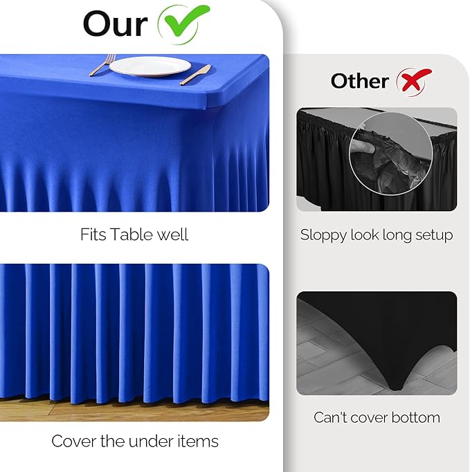 Wish Care 2 Pack Royal Blue Spandex Table Clothes for 6 Foot Rectangle Tables, 6FT Wrinkle Free Fitted Tablecloths Ruffles Design Table Cloth for Party, Banquet, Wedding and Events