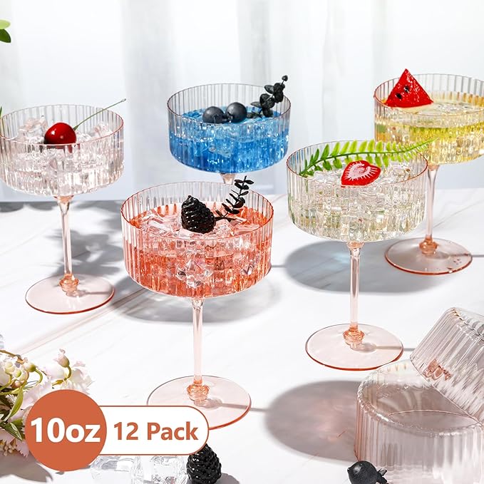 12 Pcs Ribbed Martini Glasses 10 oz Disposable Plastic Vintage Ribbed Coupe Glasses Unbreakable Dessert Parfait Glassware for Wedding Birthday Party Supplies (Champagne Powder)