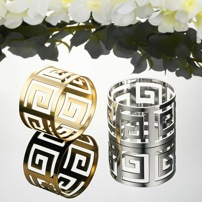 16 Pcs Gold Napkin Rings Hollow Out Napkin Rings Holder Set Metal Serviette Buckle Bulk for Dinner Table Decoration Christmas Holiday Wedding Party Birthday Banquet Gathering