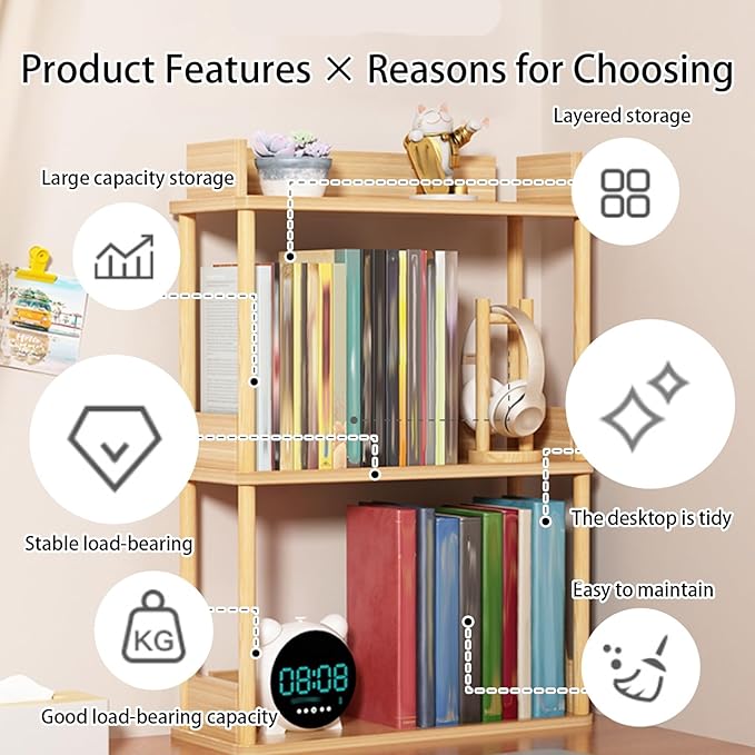 Desktop Organizer Shelf, Multi Tier Wood Tabletop Bookshelf, Space Saving Countertop Storage Rack for Office, Bedroom, Living Room(Warm White,15.7 * 7.8 * 26.7in)