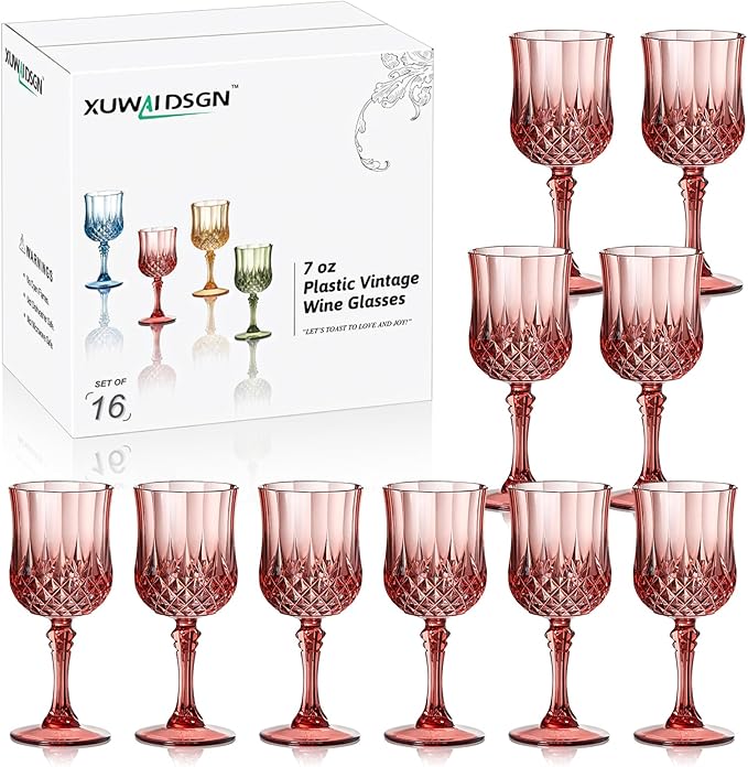 XUWAIDSGN 16 Pcs 7oz Plastic Vintage Wine Glasses Drinking Glasses Unbreakable Wedding Glassware Crystal Water Goblets Reusable Drinkware Vintage Champagne Flutes (16, Rose Gold)