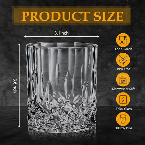 11 OZ Premium Whiskey Glasses (6-Piece) - Old Fashioned Glassware, Exquisite Craftsmanship for Scotch, Bourbon, Rum & Cocktails, Ideal for Self-Use or Gift for Whiskey Enthusiasts