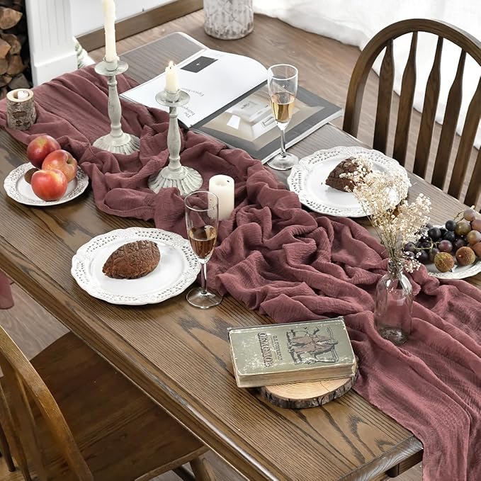 Artoid Mode Boho Cheesecloth Gauze Dusty Rose Wedding Table Runner, 160 Inch Seasonal Fabric Kitchen Dining Holiday Table Decor for Home Party Indoor