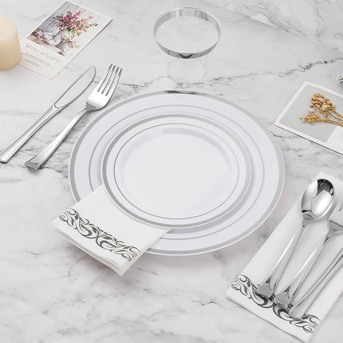 BESTVIP 100PCS 7 Inch Silver Plastic Dessert Plates, Disposable Plate with Silver Rim for Salad/Samll Cakes, Heavy Duty Plates for Party, Wedding and Birthday, Events, Christmas, Thanksgiving